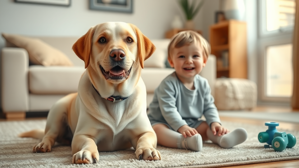 energetic Labrador Retriever sitting beside a smiling child, family dog with gentle eyes, in cozy home