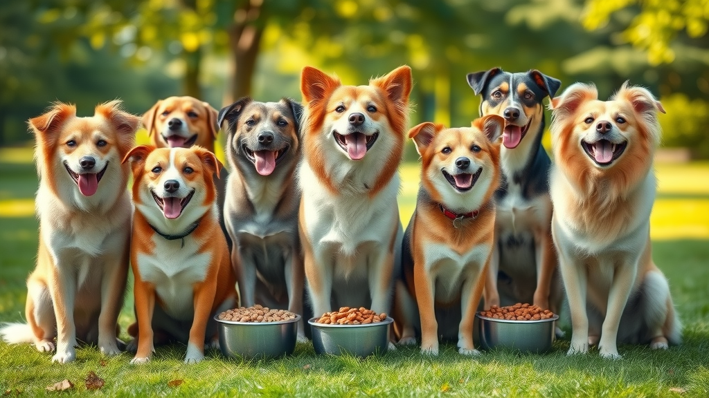 dog food brands diverse healthy adult dogs eating food together in park