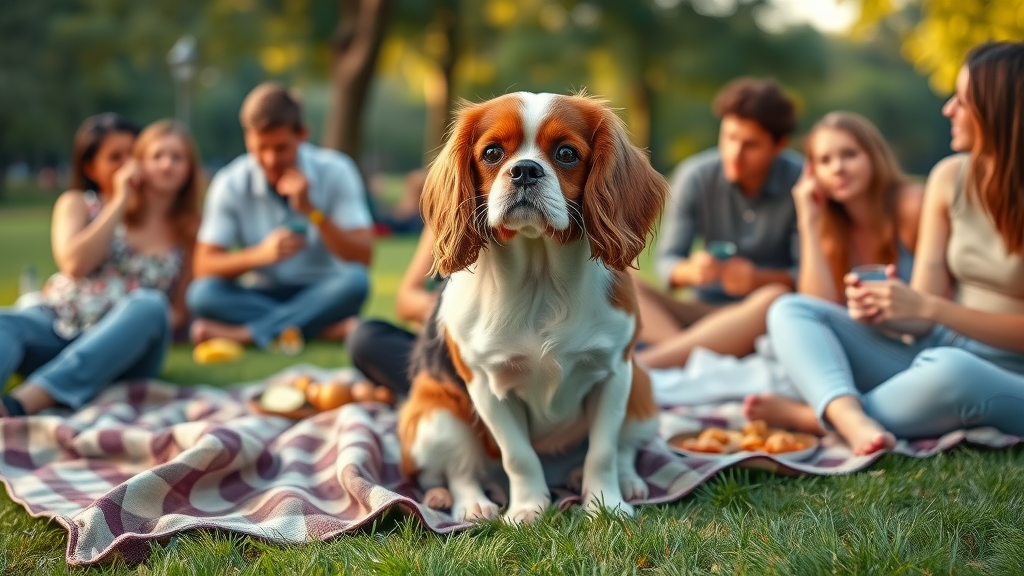 loving Cavalier King Charles Spaniel on picnic blanket with friends, park, cavalier king charles spaniel