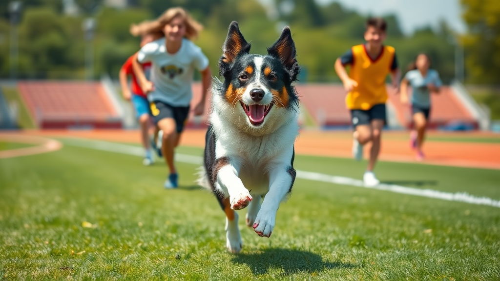 playful border collie running with teens across a sporting field, energetic and intelligent family dog breed.