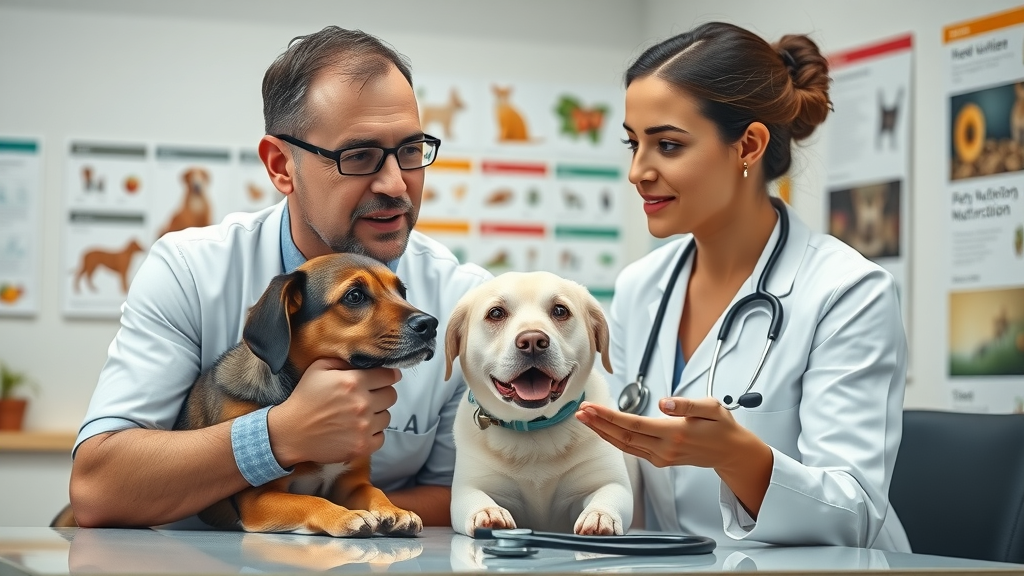 Vet discussing with dog owner about wet vs dry dog food choices