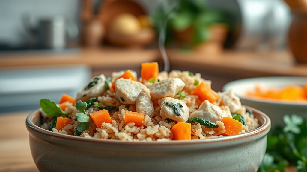 homemade dog food recipe healthy bowl brown rice cooked chicken carrot spinach green beans fresh food