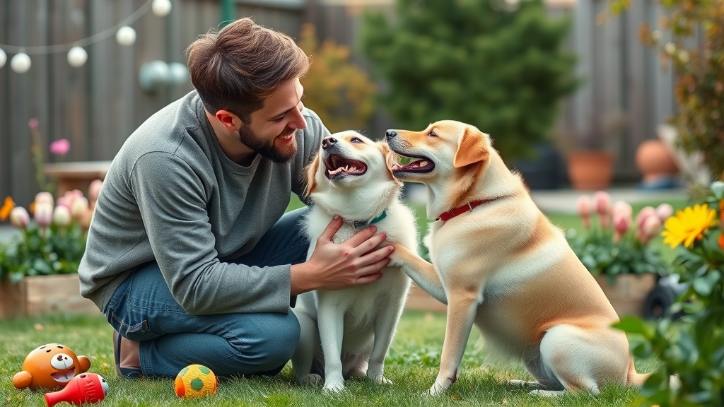 Affectionate dog and owner pair smiling, human-canine bond, outdoor dog games