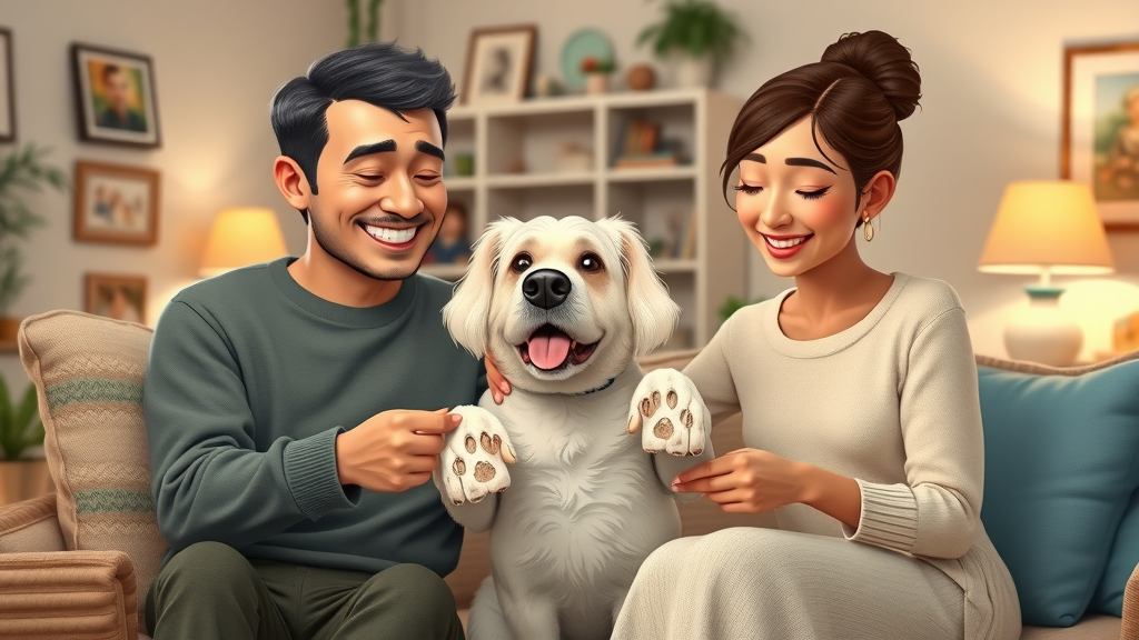 Family with elderly dog making paw print keepsakes, creating lasting memories during end of life care for dogs