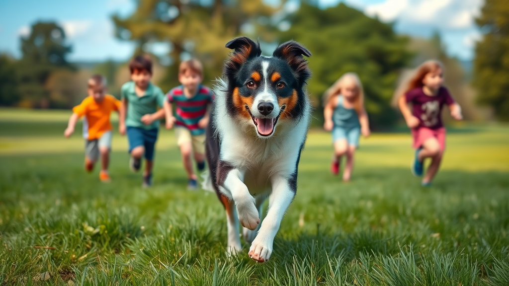 athletic Border Collie running with young children in a sunlit park, intelligent pet-friendly dog breed