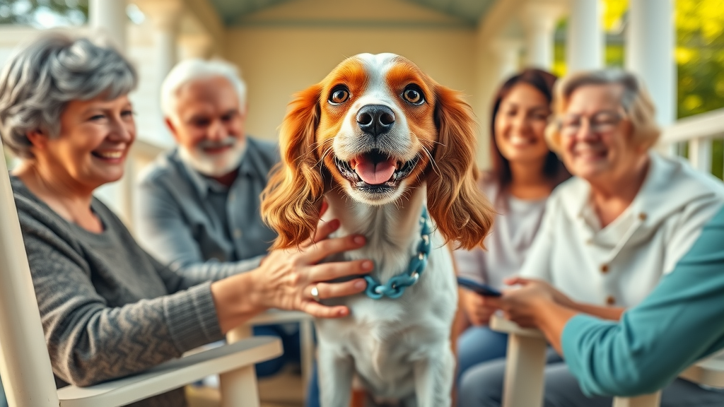 gentle cocker spaniel being petted by smiling grandparents and kids on a sunny porch, good family dog for all ages.