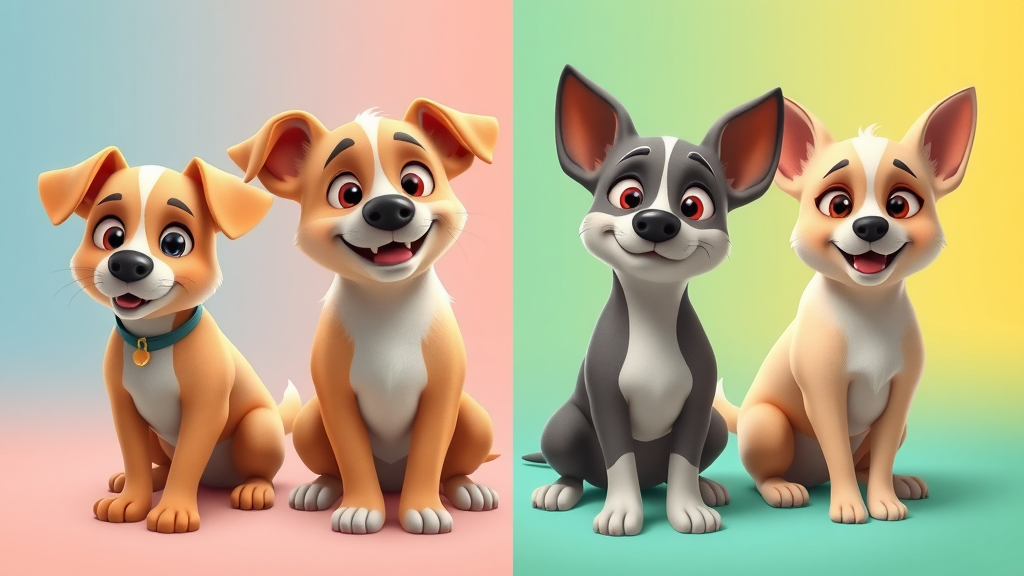artistic representation of four dogs, each displaying a primary temperament such as bold, sociable, sensitive, or calm personality