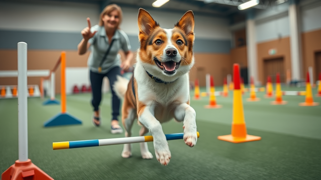 athletic dog weaving through agility ladder, mentally stimulating, agility enrichment for dogs, handler encouraging, bright gym