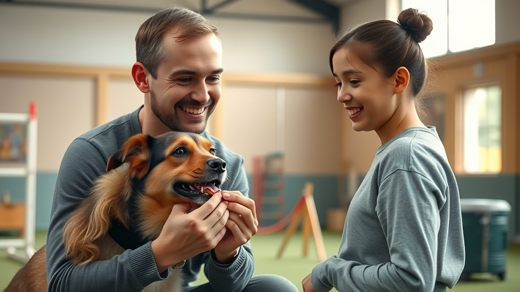 Professional dog trainer using positive reinforcement with treat and clicker, dog calm and focused, dog aggression training