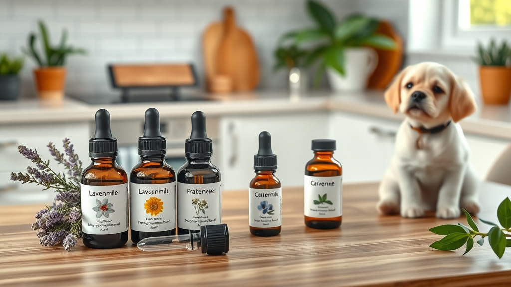 Arrangement of labeled essential oil bottles (lavender, chamomile, cardamom, frankincense) with carrier oils and a small dog. essential oils safe for dogs