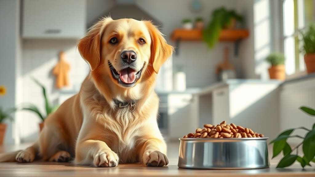 golden retriever enjoying a bowl of grain-free dog food in a sunlit kitchen, showing content expression next to green plants and a clean food bowl