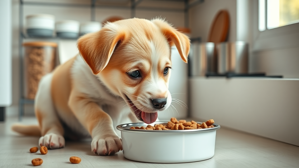 Healthy puppy eating from a clean food bowl in a tidy kitchen corner, focused on puppy food, pet food storage and measuring cup in background