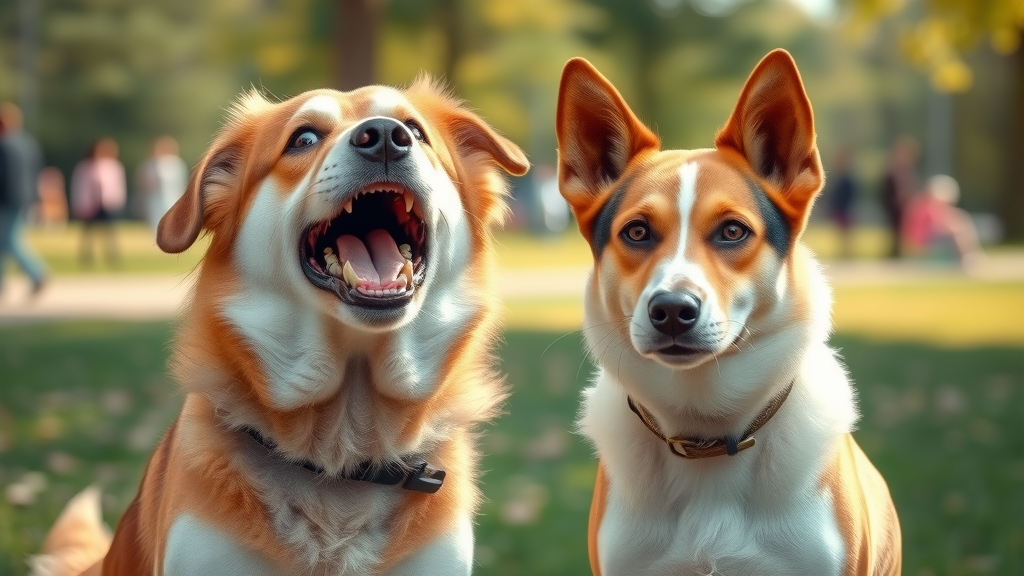 reactive dog barking, calm dog indifferent, outdoor park, managing reactive dogs, contrasting behaviors