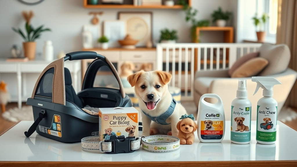 assorted puppy safety products: dog car seat, LED collar, safety gate, anti-chew spray