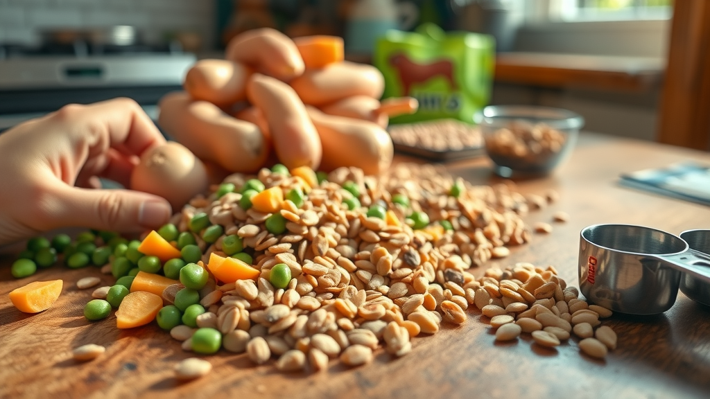 grain-free dog food ingredients with sweet potatoes, legumes, peas, and lentils displayed on a wooden kitchen table in natural morning light