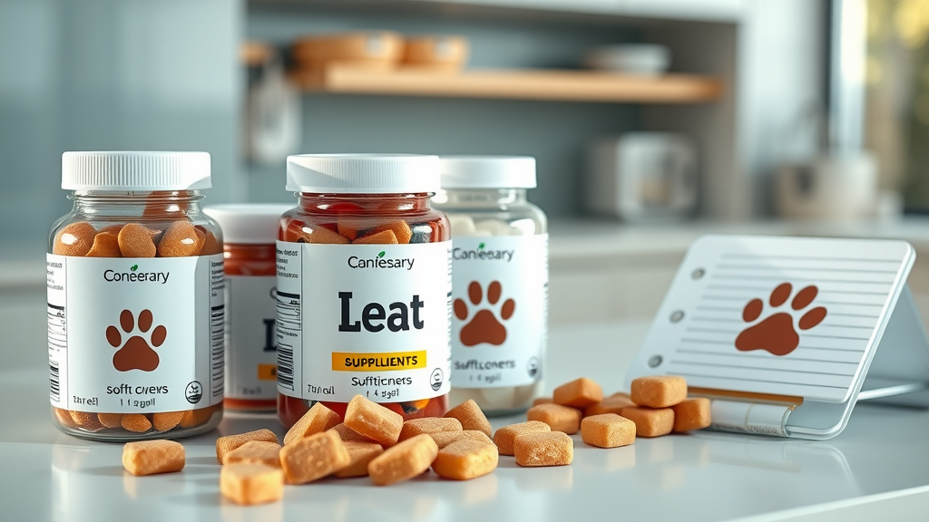 clinical supplements and soft chews for dogs aging dog nutrition vitamins minerals fatty acids vet clinic counter clean daylight