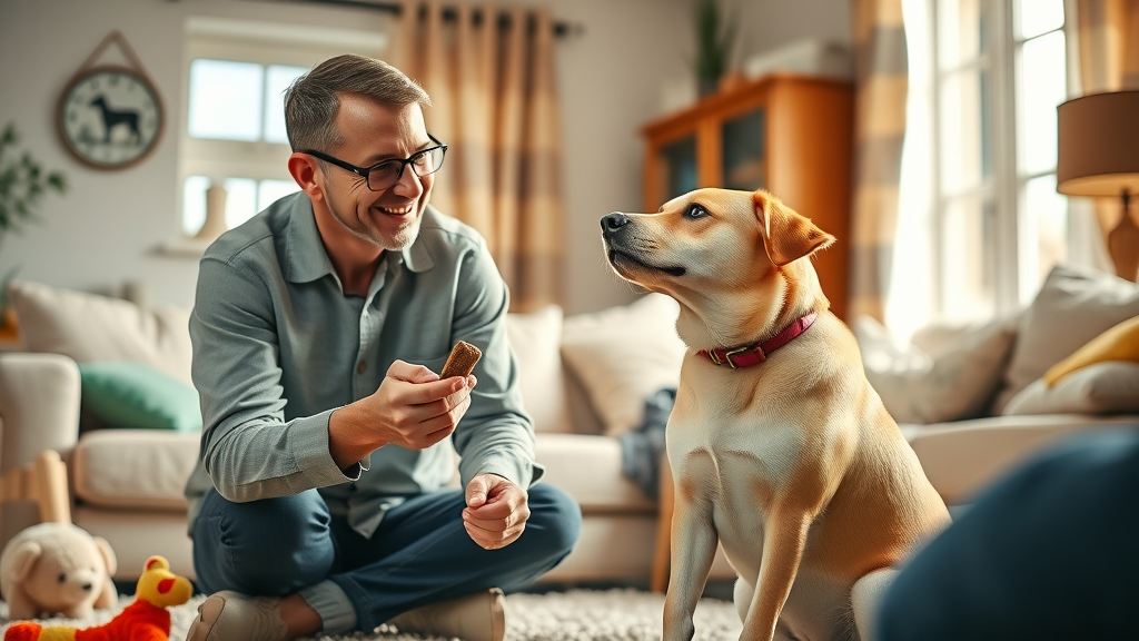 dog owner using positive reinforcement to train dog and foster positive dog temperament at home