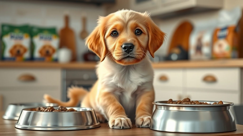 golden retriever puppy at feeding station practicing puppy nutrition basics in a kitchen with food bowls and puppy food packaging