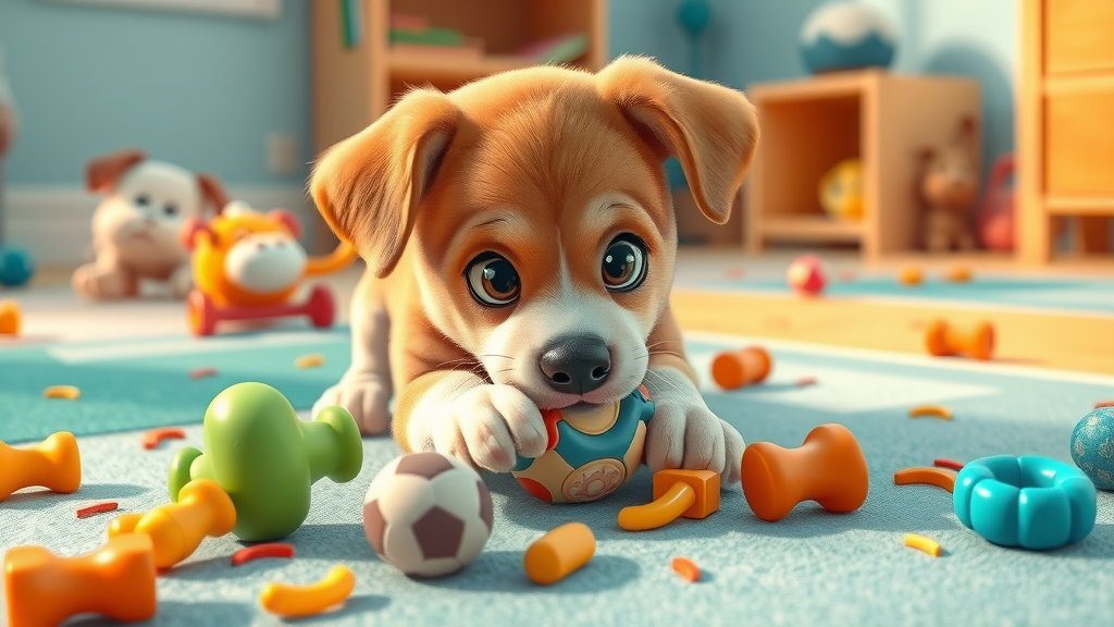 Playful puppy exploring age-appropriate chew toys on a bright playroom floor, toy pieces scattered, vibrant and energetic setting