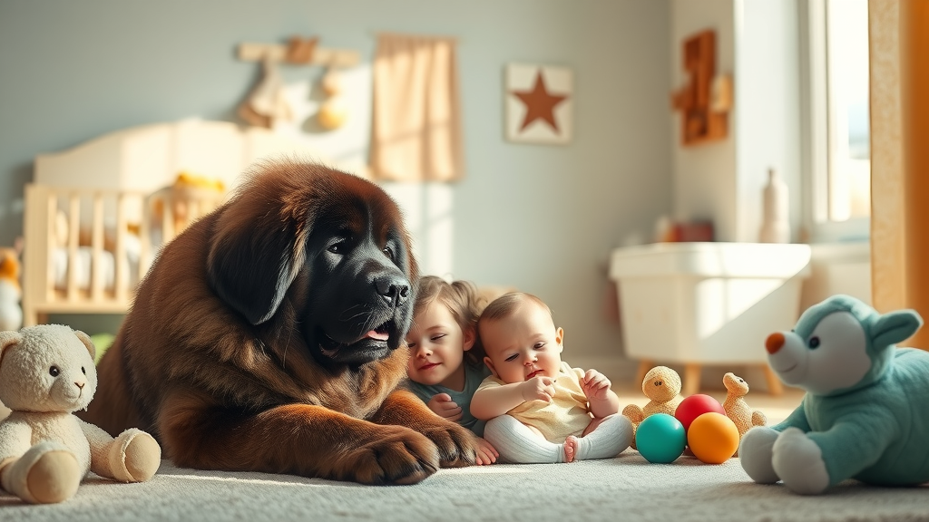 protective Newfoundland dog, safest dog breeds for families, gentle, baby playing with toys in nursery, calm, safe pastel room