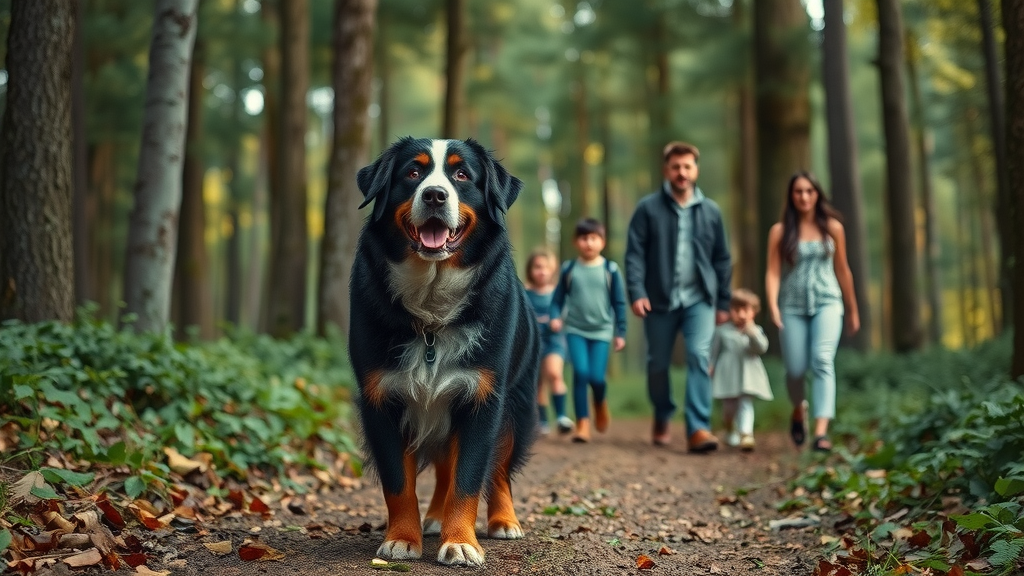 noble Bernese Mountain Dog walking with family in forest trail, bernese mountain dog