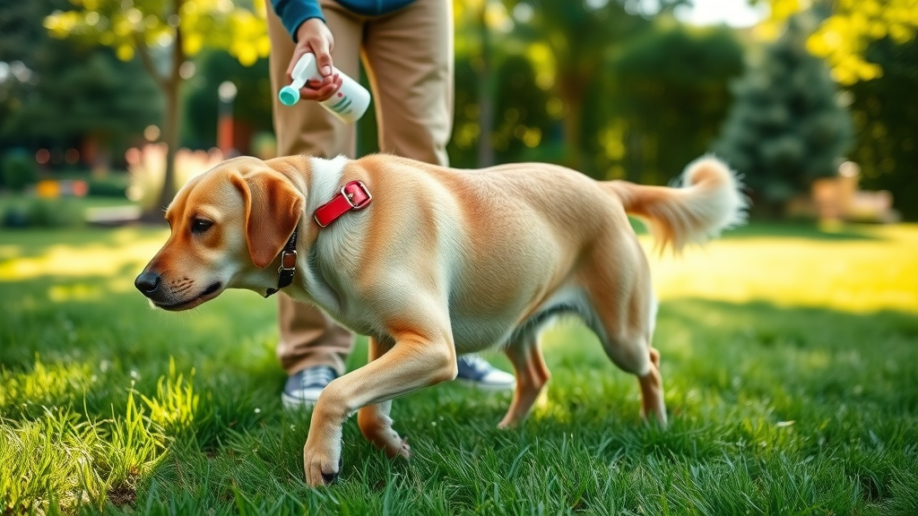 Healthy dog gets essential oil tick prevention spray outdoors, owner applies diluted blend safely. tick prevention essential oils safe for dogs