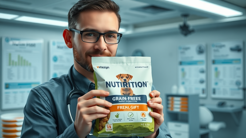 pet nutritionist highlighting a grain-free puppy food bag in a vet clinic - puppy food reviews