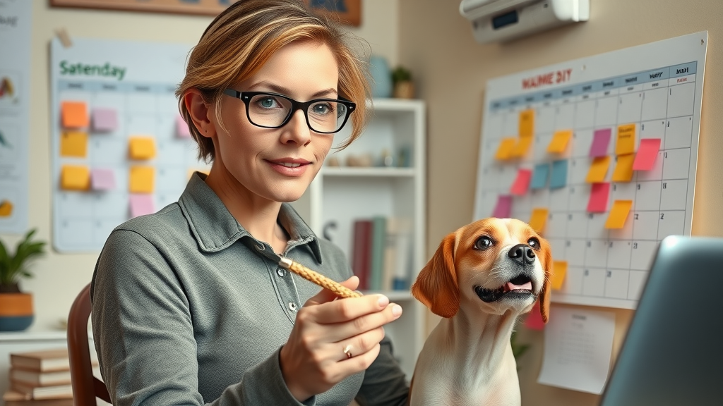 organized dog owner marking a pet schedule with dog socialization and play dates, daily routine