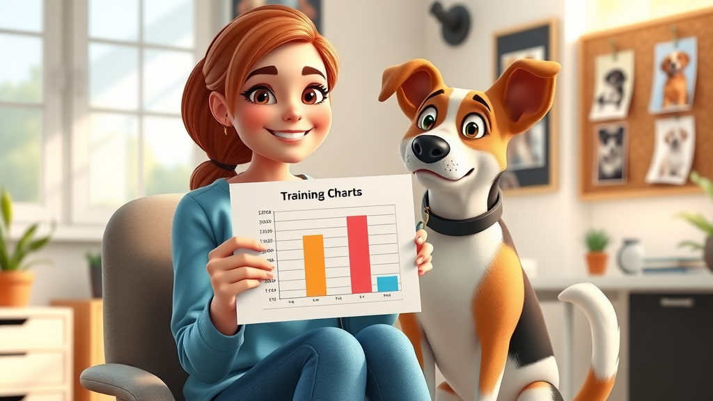 woman and dog tracking progress in dog training sessions with chart