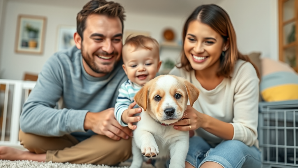 family with puppy using safety products in a cozy home, highlighting peace of mind for pet owners