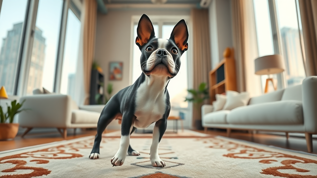 playful Boston Terrier standing on rug in city apartment with child, ideal small pet-friendly dog breed