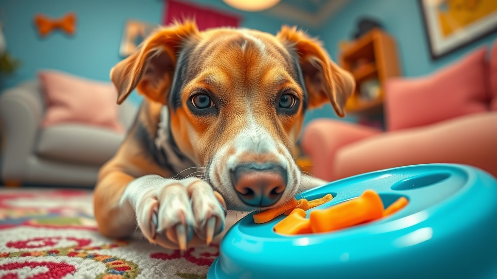 engaged dog nose working on a puzzle game, mentally stimulating, treat-dispensing toy for dogs, indoor vibrant pet space