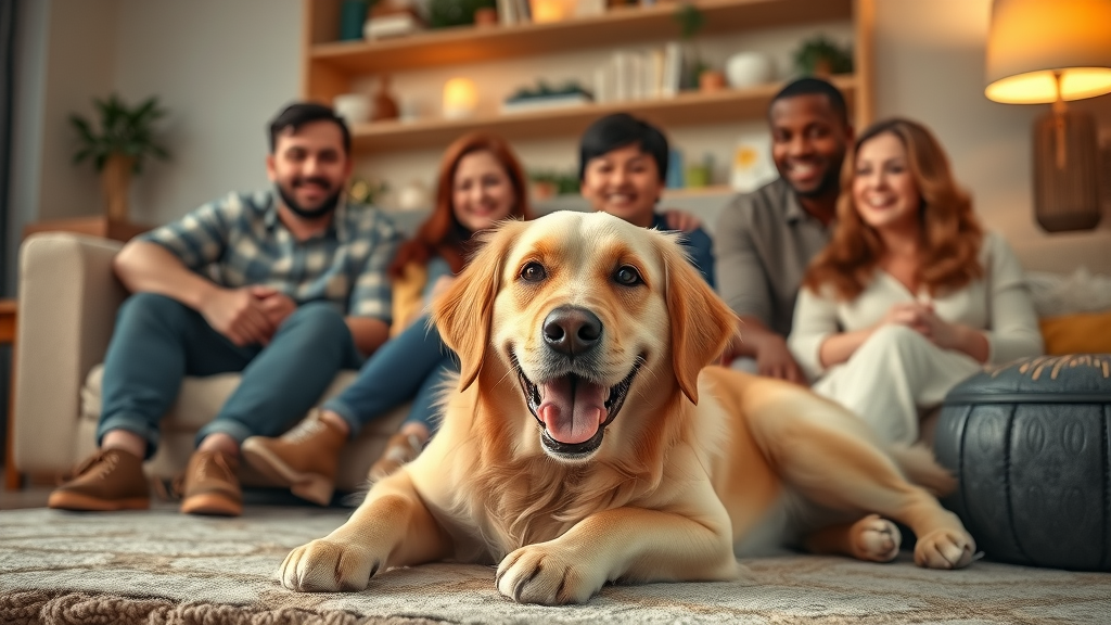 happy golden retriever with family, dogs for families, golden retriever lying at family feet in living room, gold and beige hues