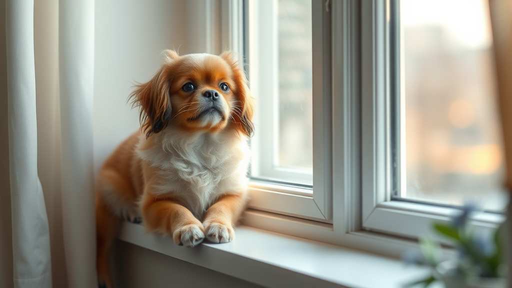 Calm Tibetan Spaniel gazing thoughtfully outside from a cozy windowsill, radiating gentleness and tranquility in a softly lit room.
