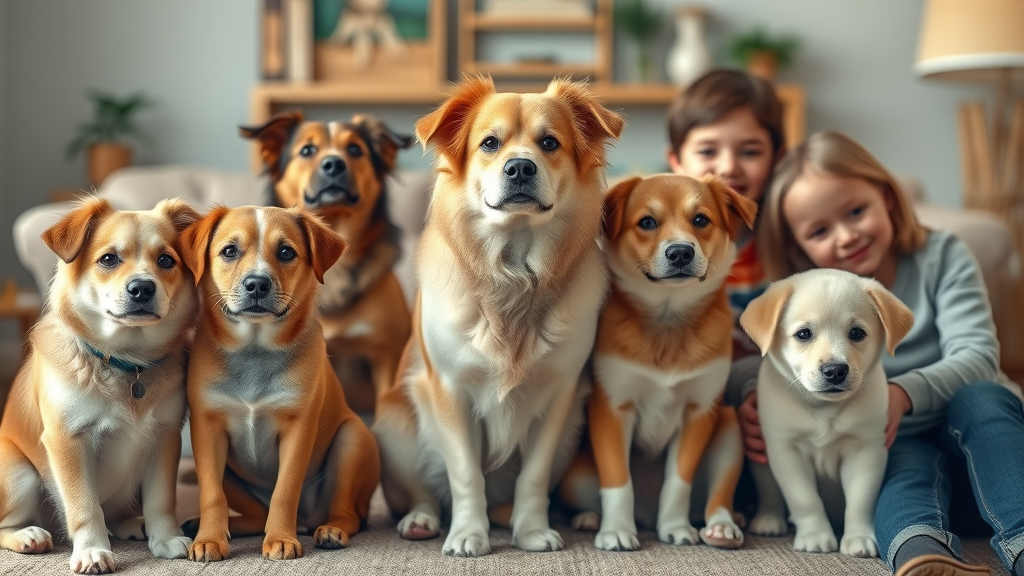 diverse group of sociable, calm family-friendly best family dogs sitting quietly near children in a cozy living room.