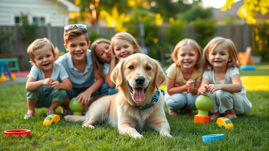 heartwarming family with children and a golden retriever, dogs for families playing on a green suburban lawn, vibrant backyard, realistic fur texture, natural daylight
