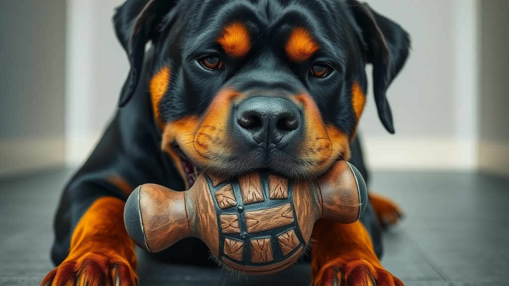 powerful Rottweiler chewing a heavy-duty indestructible toy - aggressive chewer enrichment toy