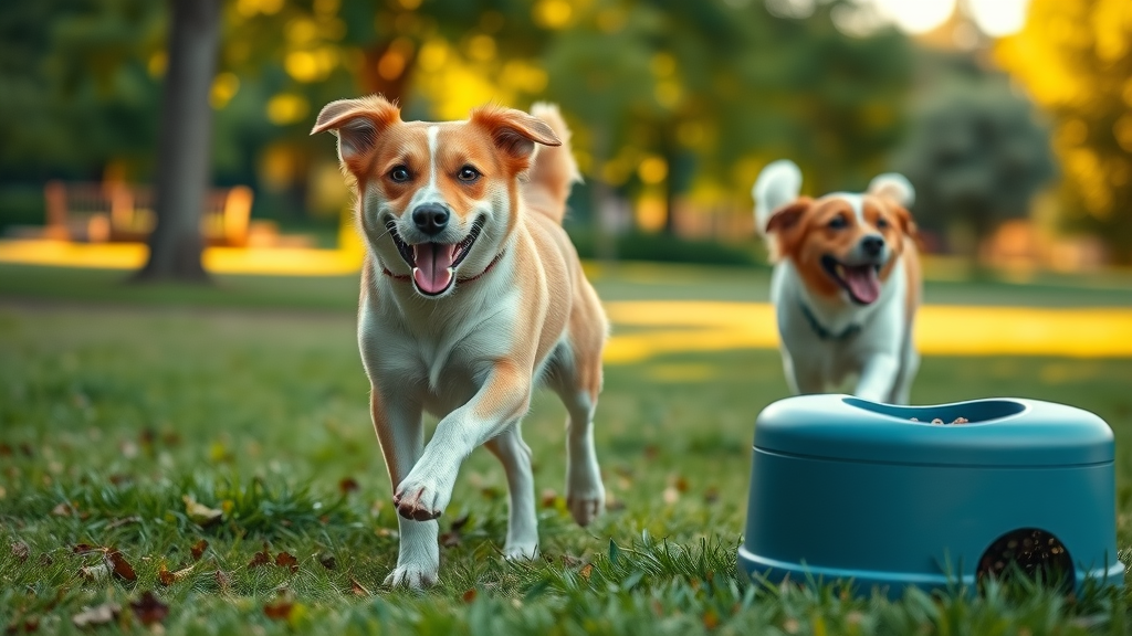 active dog running outdoors, physical exercise, another dog focused on puzzle feeder, mental stimulation for dogs, sunlit park