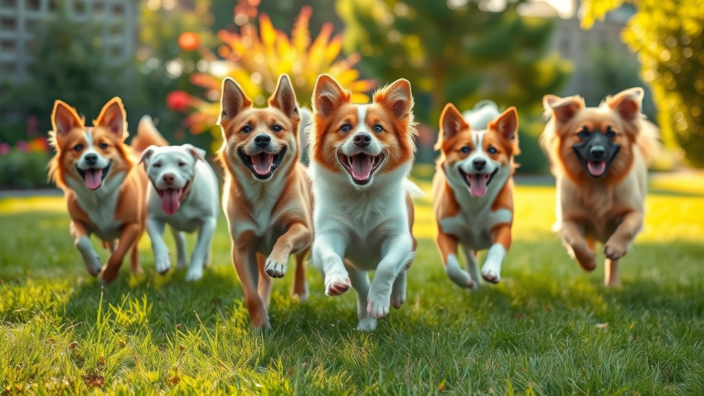 Joyful playful dogs of various breeds running and leaping in a sunlit grassy backyard, outdoor dog games