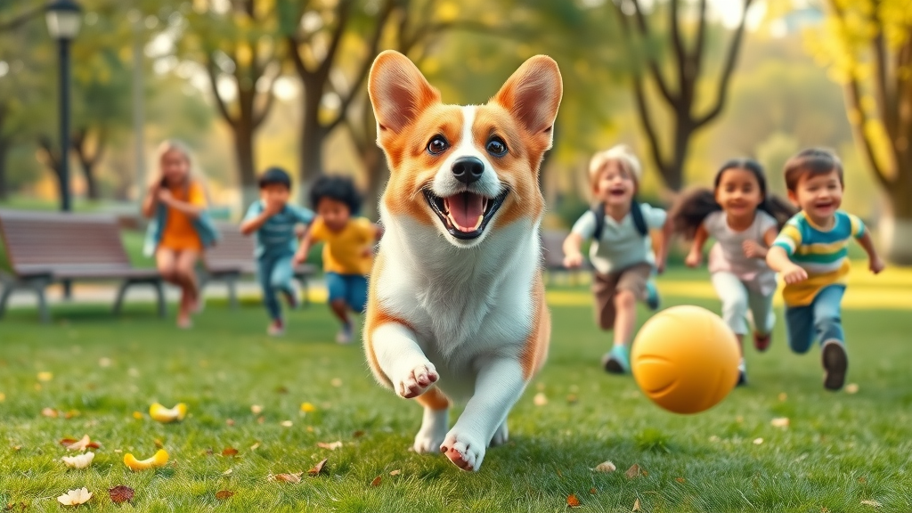 cheerful Pembroke Welsh Corgi chasing ball in city park, children playing, pembroke welsh corgi