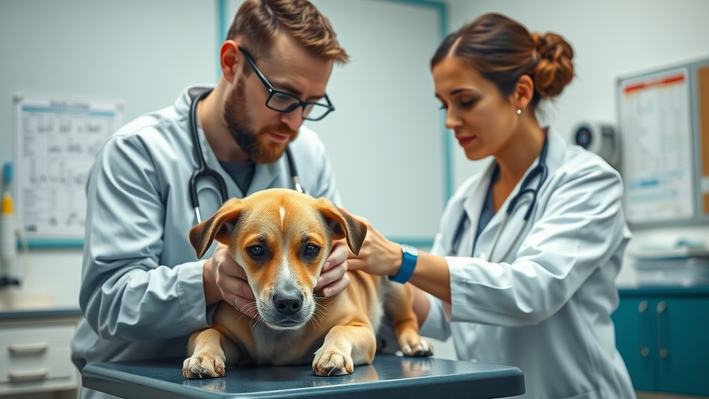 Veterinarian gently examining nervous dog on exam table, veterinary clinic background, health risks for dog aggression
