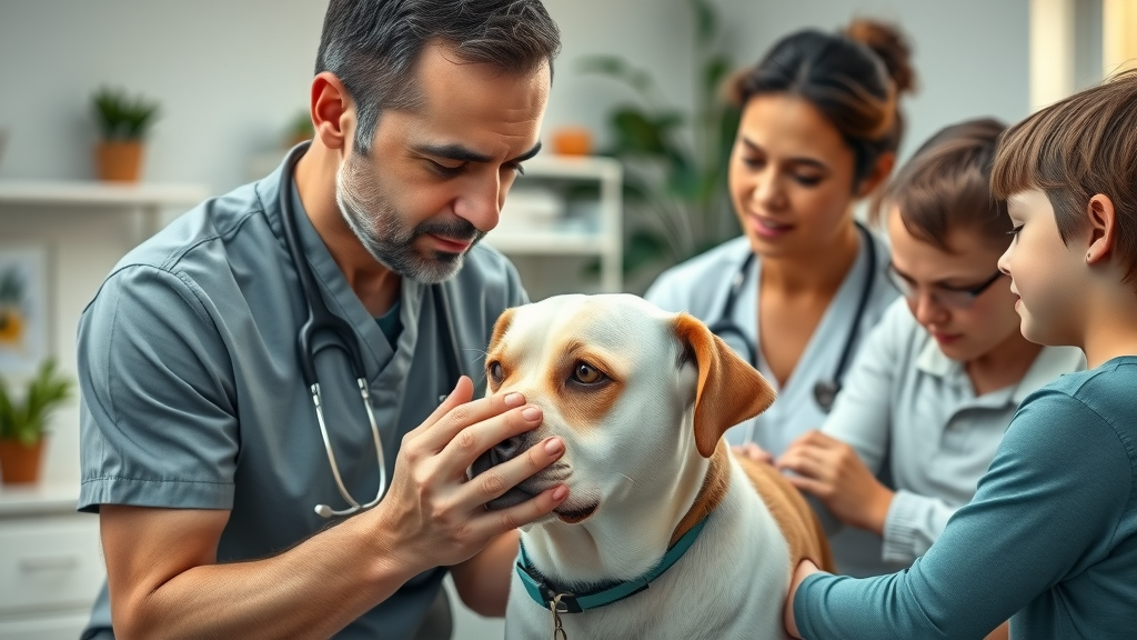 Caring veterinarian gently examining senior dog with compassionate family present, modern veterinary clinic, end of life care for dogs