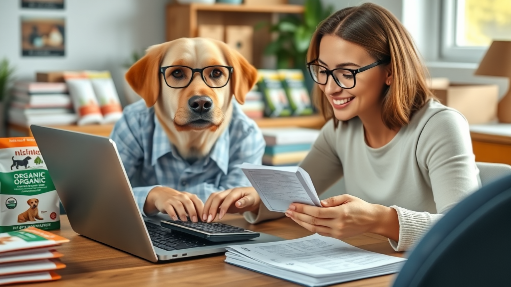 pet owner calculating organic dog food prices and searching for free shipping offers