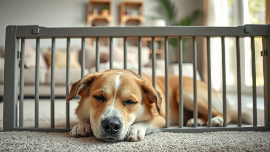 Cozy living room with a relaxed medium-sized dog resting peacefully behind a baby gate. Calm, sunlit indoor environment for reducing reactive dog triggers.