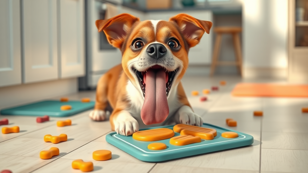 adorable dog licking peanut butter-filled lick mat - enrichment toys for dog mental stimulation