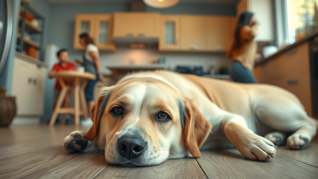 Calm dog lying in a busy kitchen, remaining relaxed amid background family activity, demonstrating calm dog training methods at home