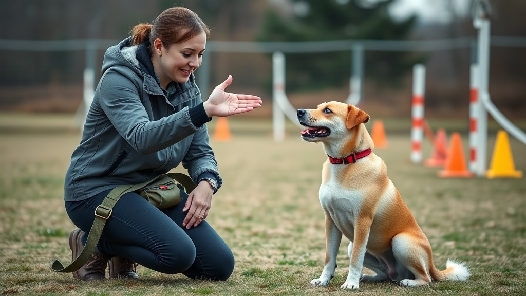 Professional dog trainer with an attentive puppy using hand signals in a well-equipped training area with agility cones and treats nearby