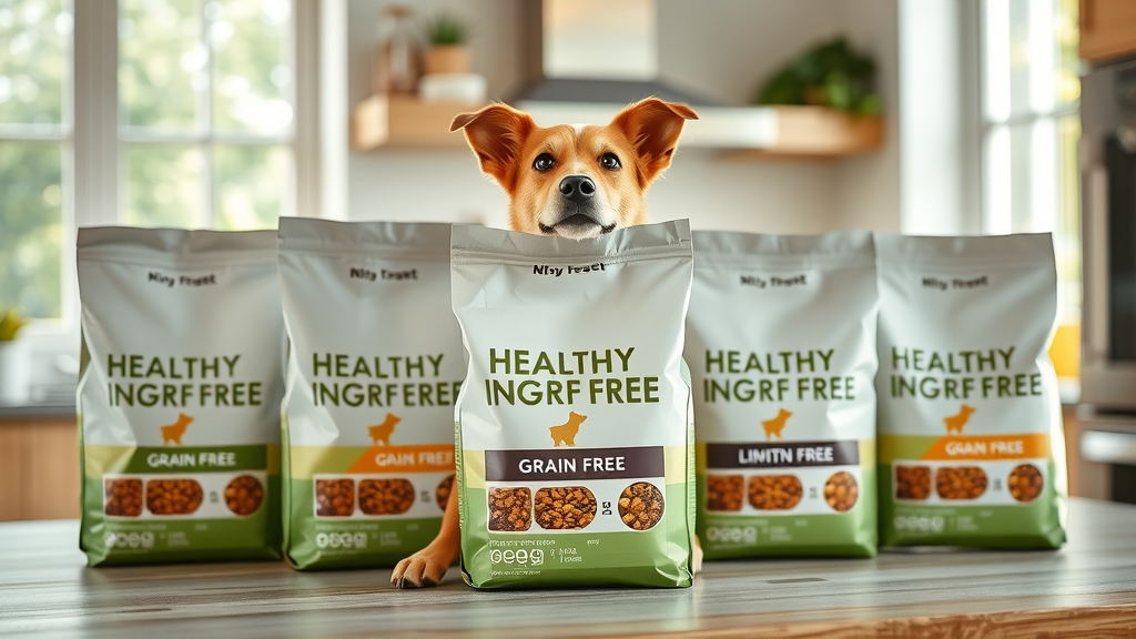 Grain-free, limited ingredient dry dog food bags for allergies on kitchen table. Dry dog food for allergies, natural lighting, packaging detail.
