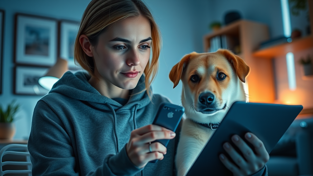 Thoughtful dog owner researching end of life care for dogs on tablet, modern home office