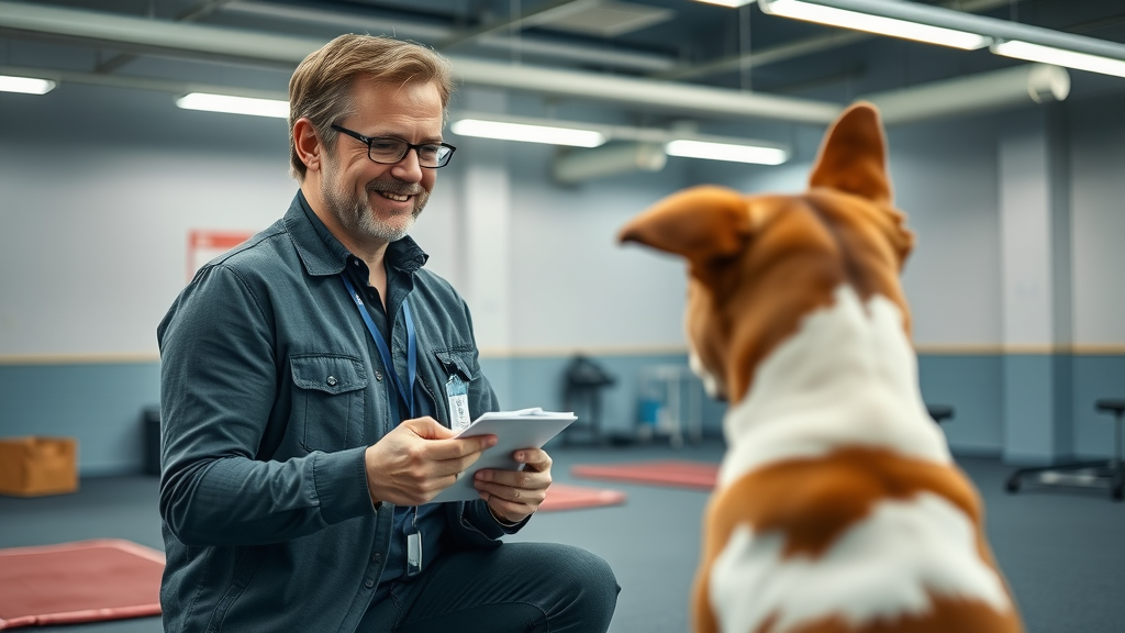 confident dog behavior consultant observing dog and owner practicing commands, behavior modification for dogs in modern training center